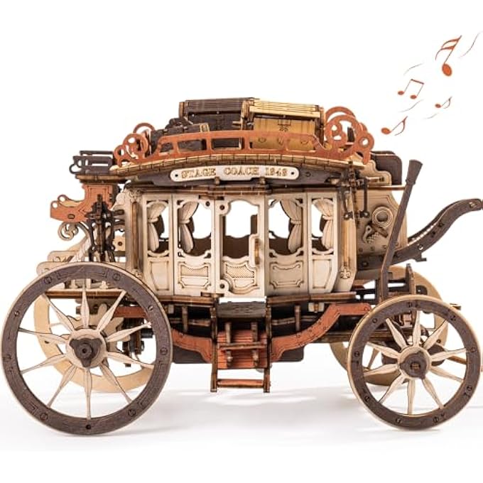 3D WOODEN PUZZLES FOR ADULTS, MUSIC BOX MODEL KITS, MECHANICAL BUILDING CONSTRUCTION CRAFT, LASER CUT JIGSAW, BIRTHDAY GIFTS FOR TEENS - STAGECOACH - Image 1